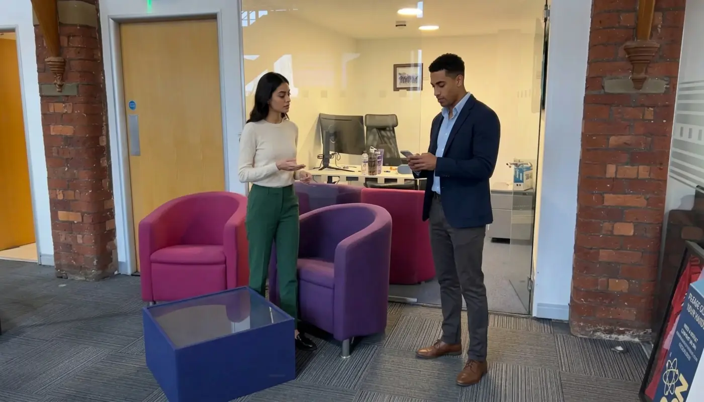 Two colleagues discuss an Instagram sharing option on a phone in a UK office.