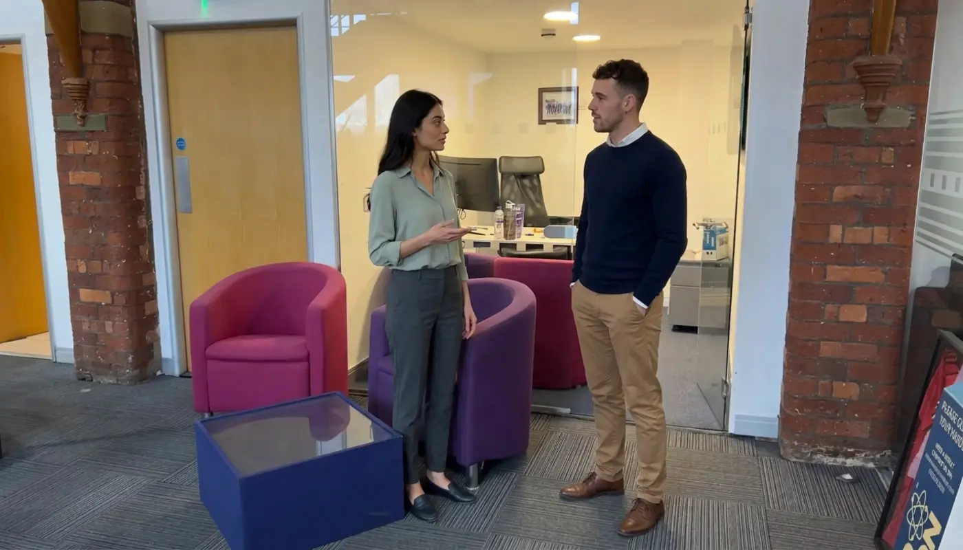 Two colleagues discuss an ecommerce shopping journey while standing in a modern office setting.