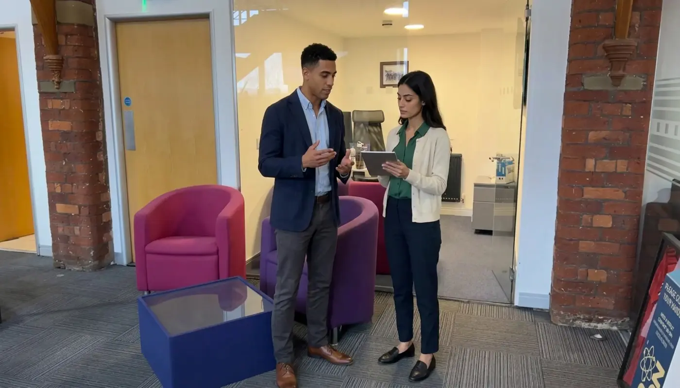 Two colleagues review an online shopping flow on a tablet in a UK office.