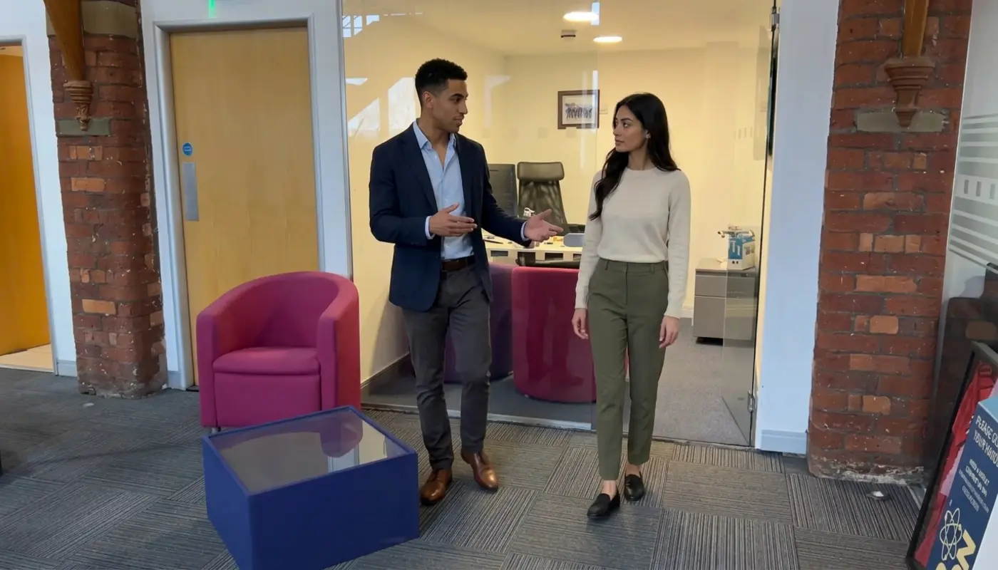 Two colleagues discuss Office 365 setup while walking through a UK office.