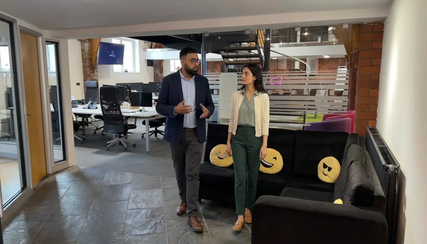 Two colleagues discuss local enquiry workflow while walking through a modern office setting.