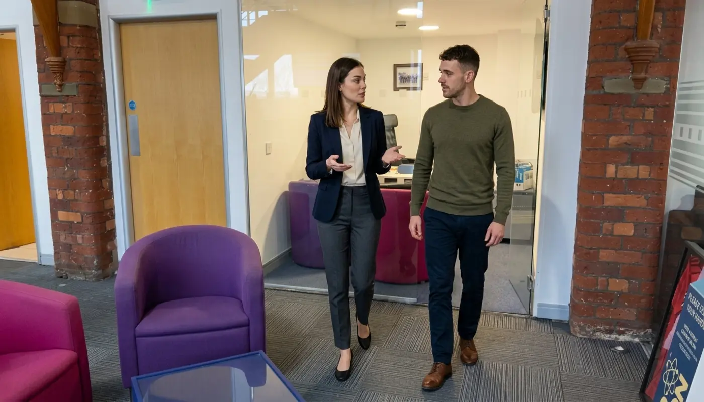 Two colleagues walk through a UK office discussing email marketing budget planning.