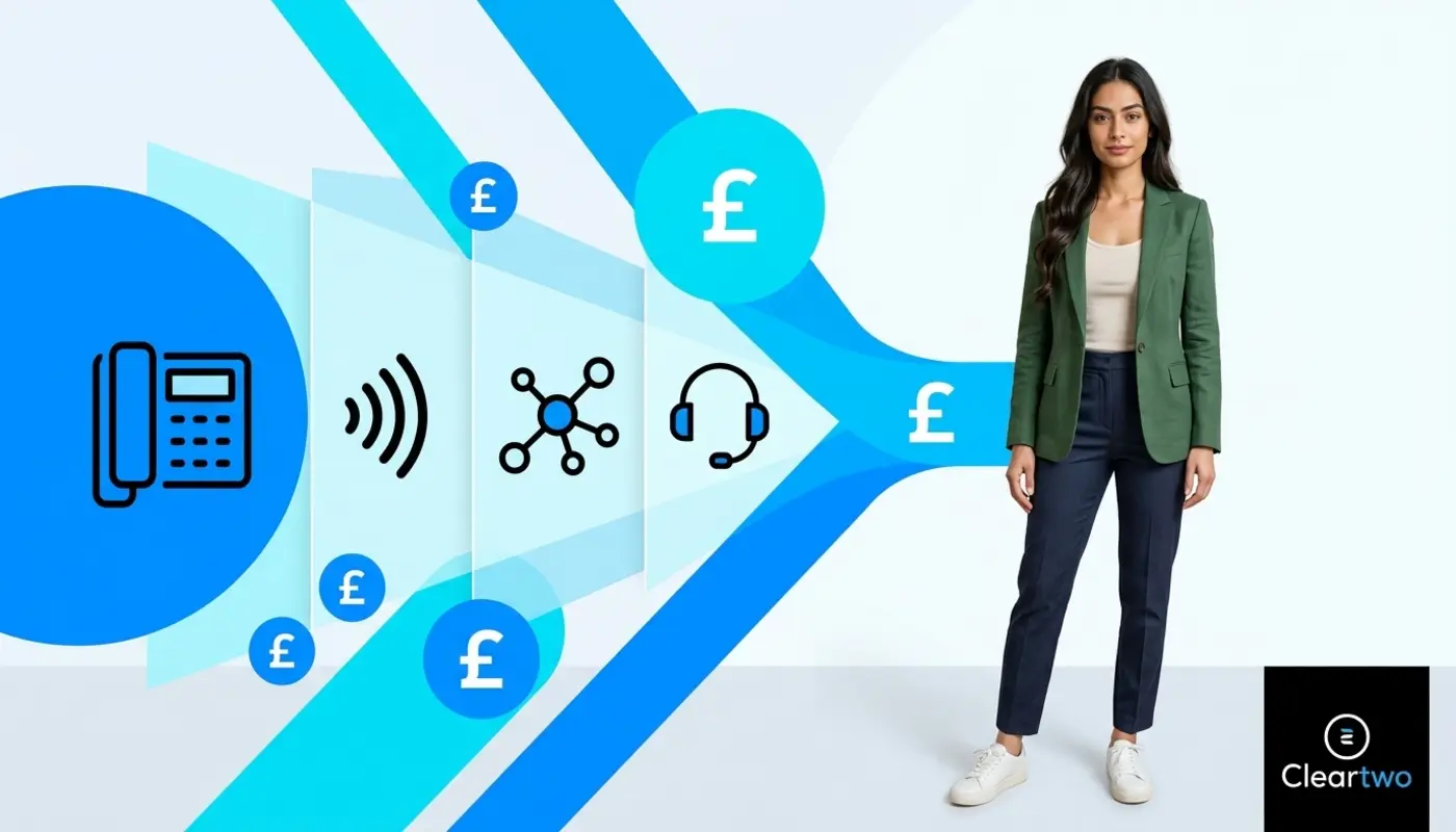 Sara stands before clean VoIP cost graphics showing clear UK business phone pricing.