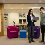 Two colleagues review an unreadable tablet during a subscription planning discussion in an office.