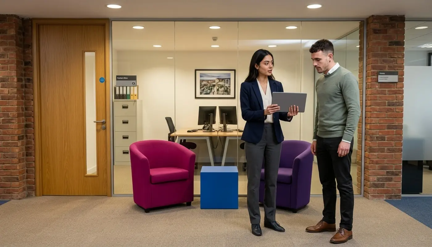 Two colleagues review an unreadable tablet during a subscription planning discussion in an office.