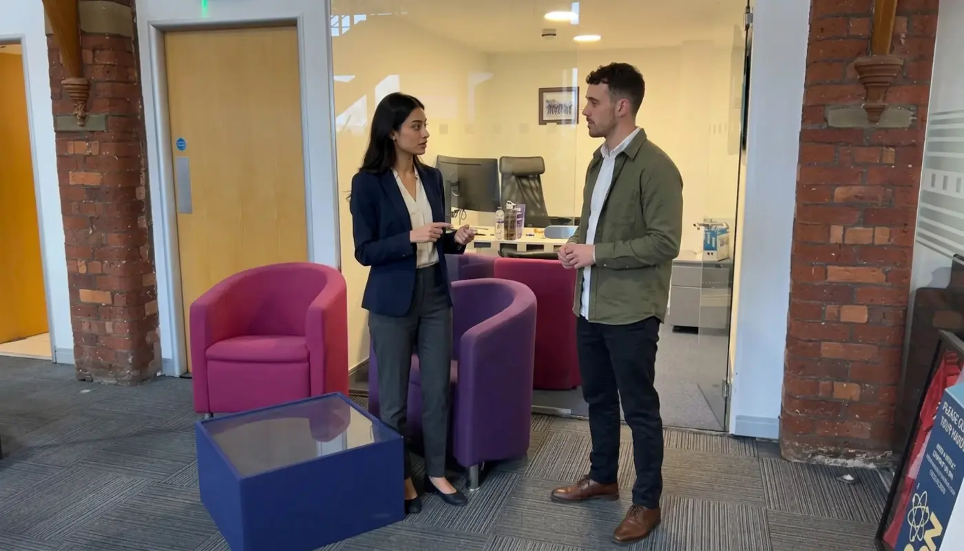 Two colleagues discuss Shopify project scope in an office while one makes a restrained pricing gesture.