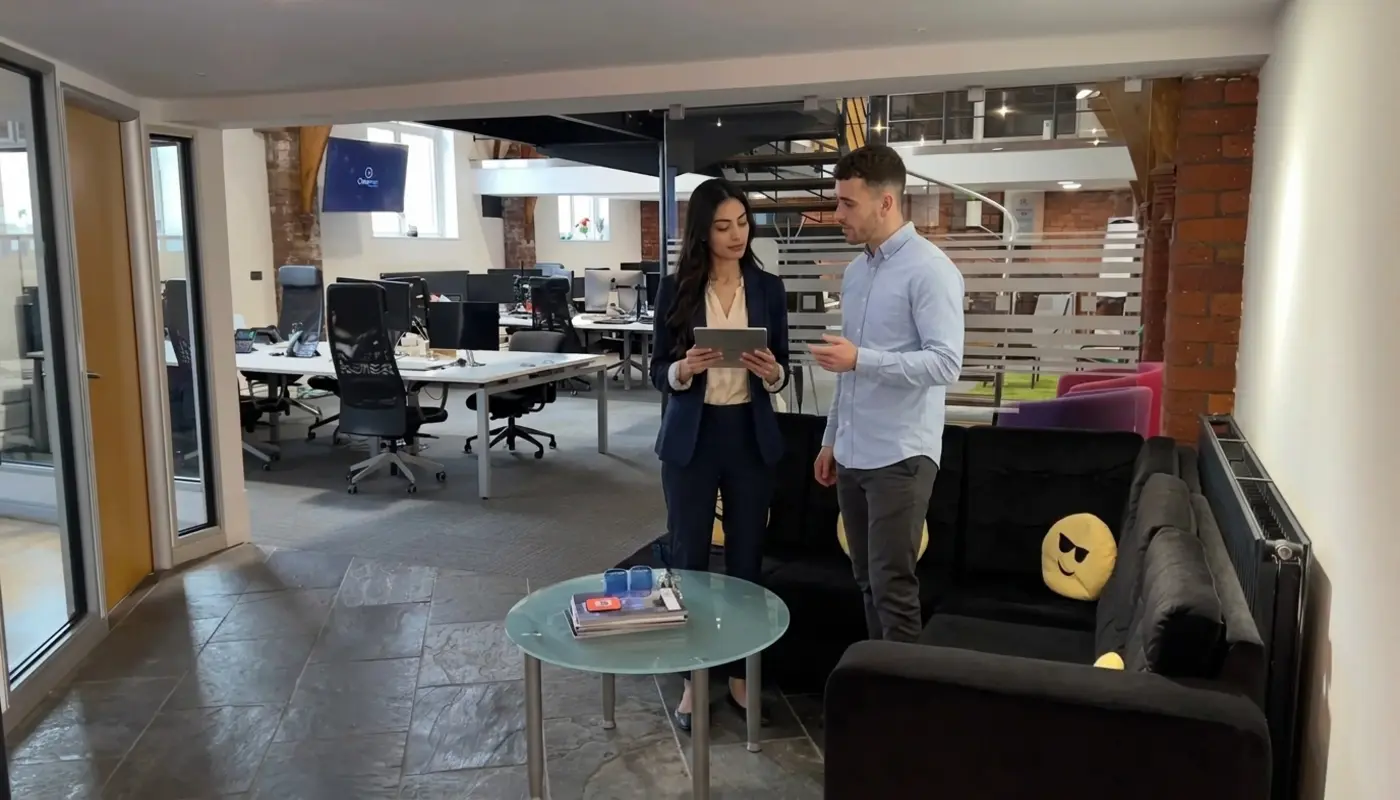 Two colleagues discuss website project scope in a UK office while reviewing an unreadable tablet.