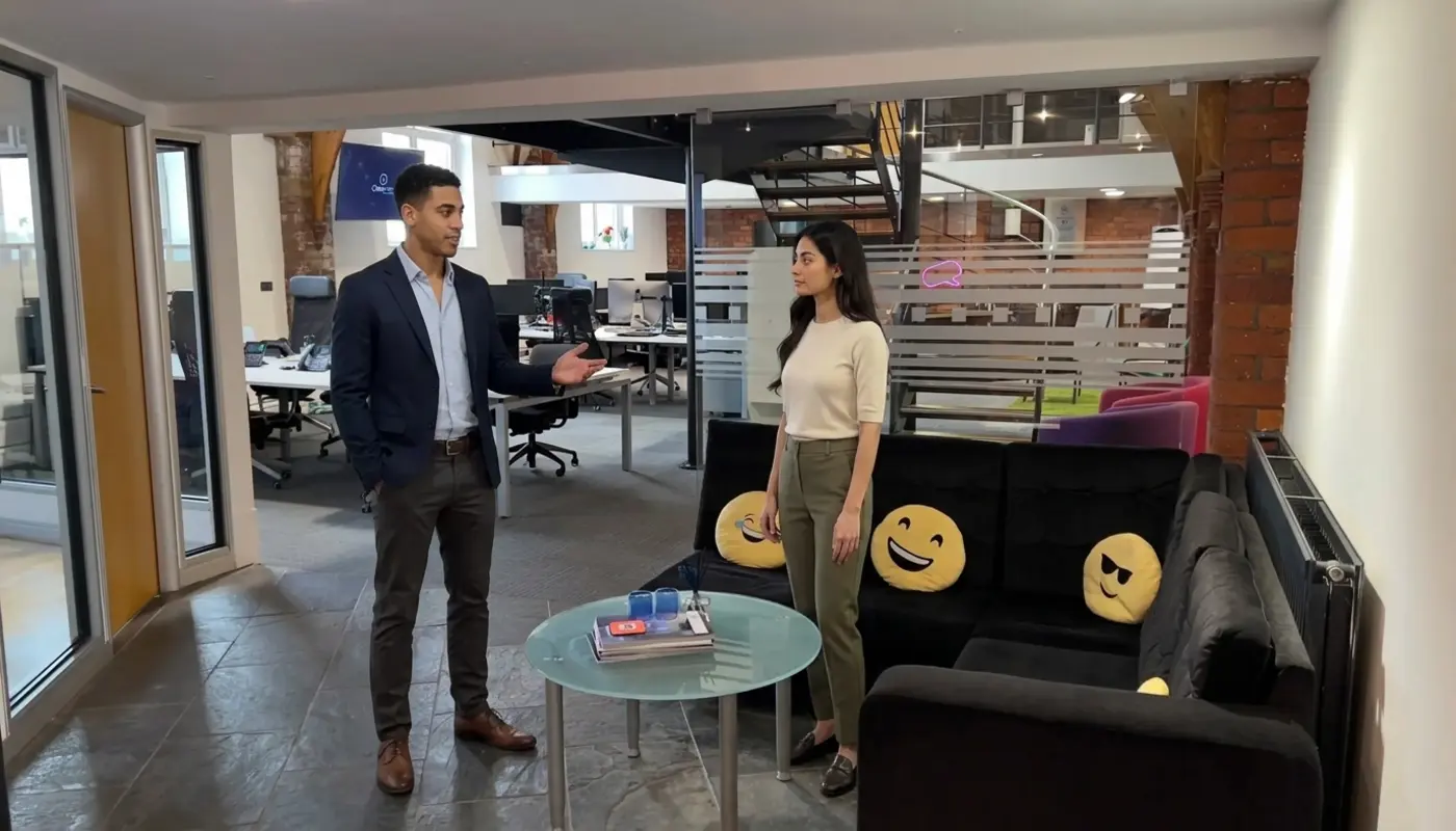 Two colleagues discuss IT support needs in a UK office while assessing a shared workspace.