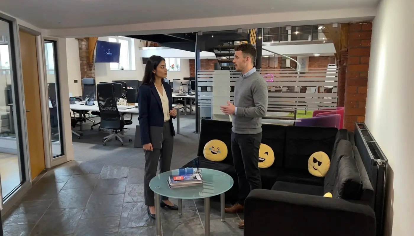 Two professionals in an office discuss website project requirements during a calm planning review.
