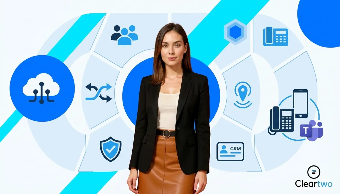 Consultant standing beside bright VoIP decision graphics for choosing a business phone system.