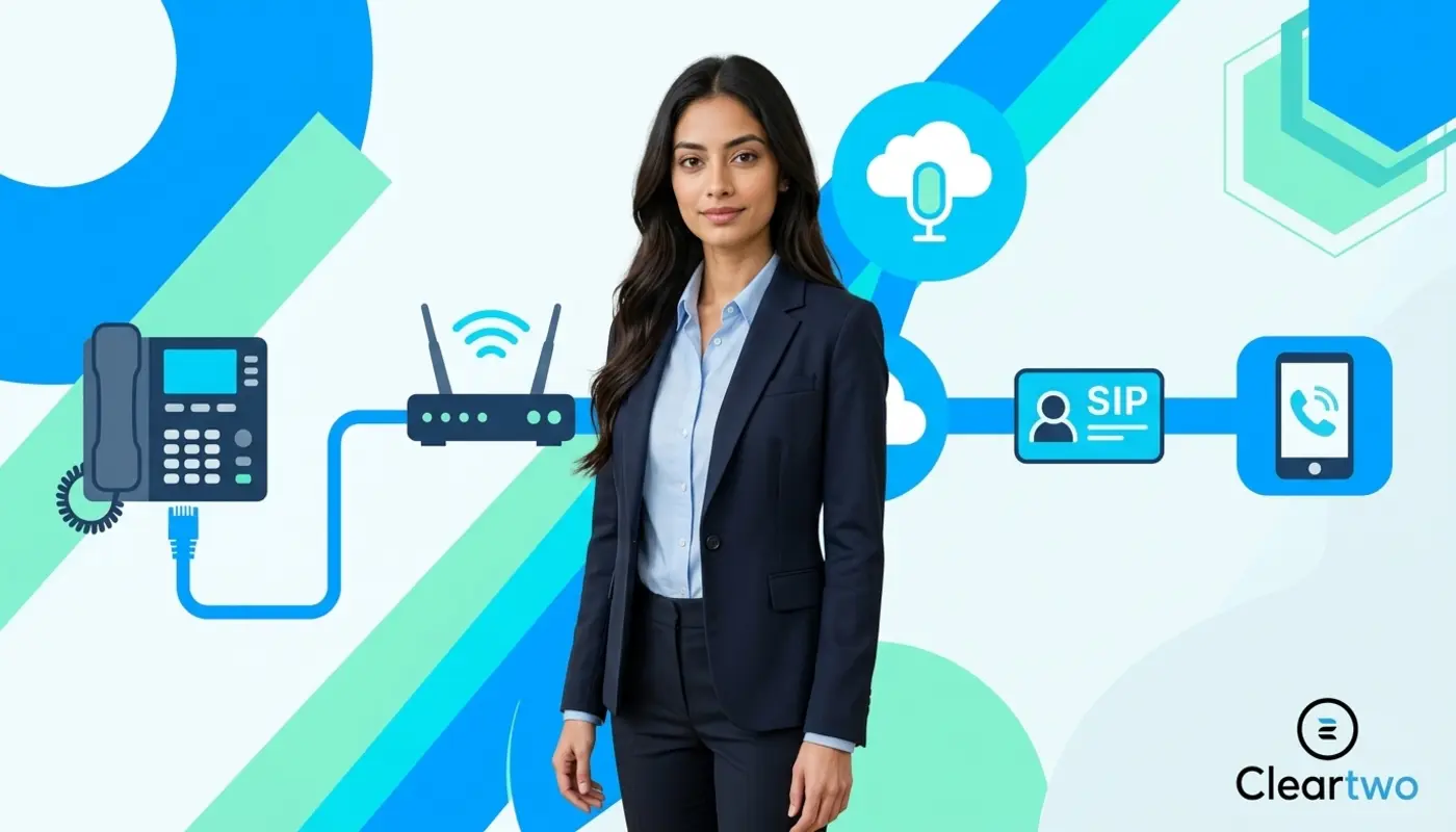 Sara stands beside clear VoIP setup graphics for connecting a business phone online.