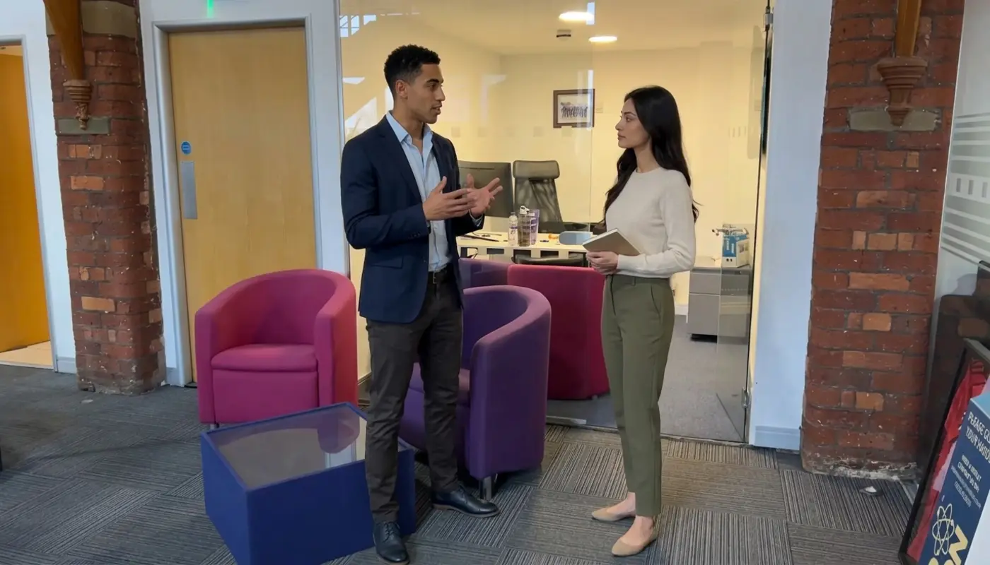 Two colleagues discuss a social media content plan in an office during a focused planning conversation.