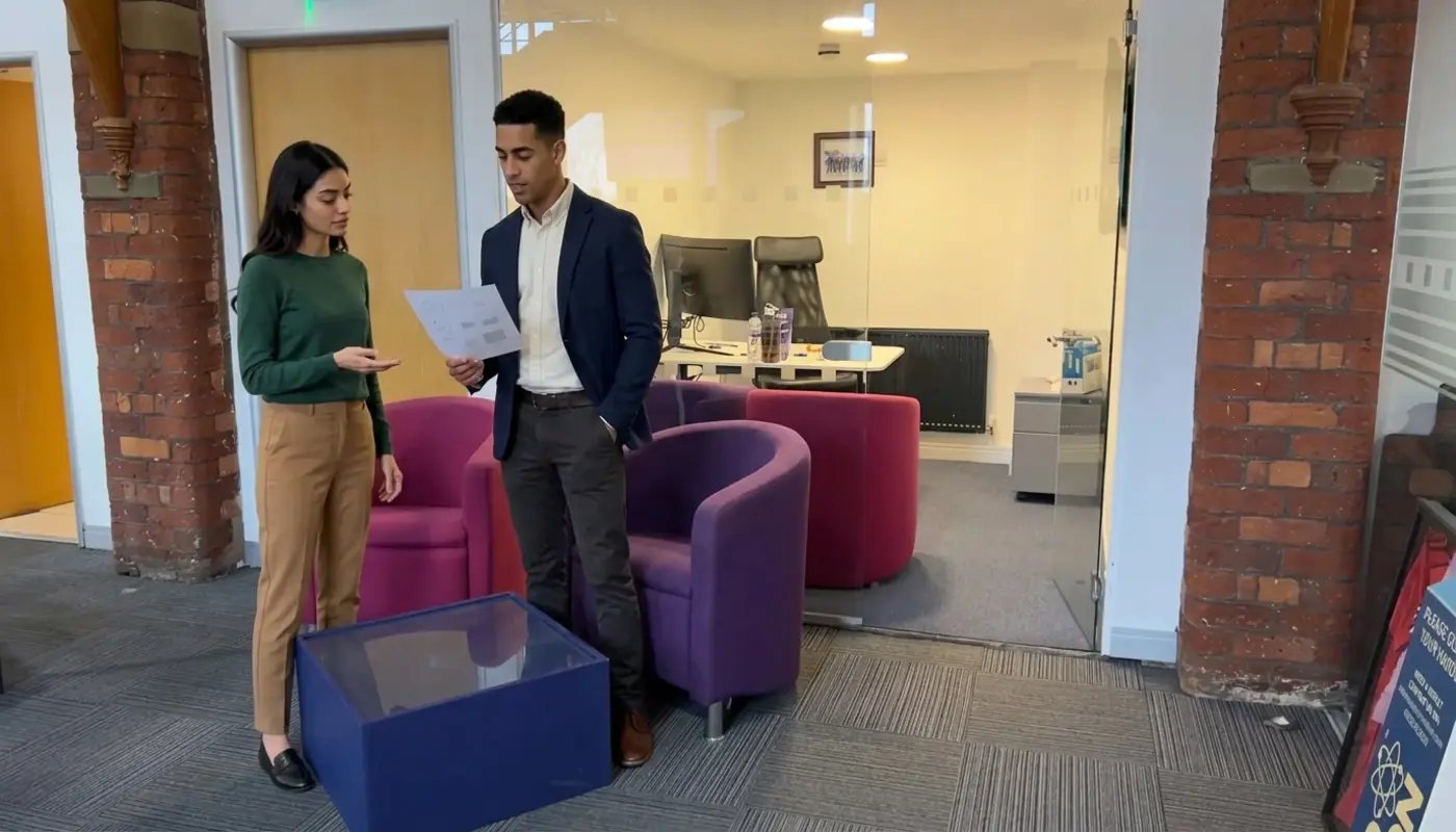 Two colleagues discuss rough logo ideas in a UK office during a brand identity planning session.