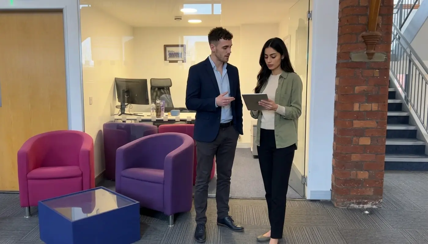 Two professionals discuss an AI website plan on a tablet in a UK office.