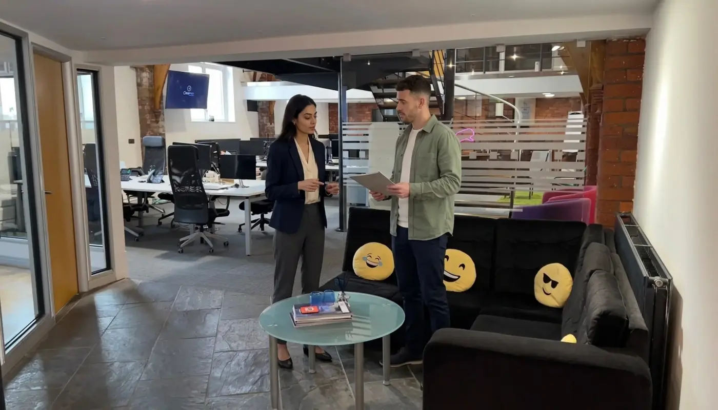 Two colleagues in an office review a website planning folder during a WordPress design discussion.
