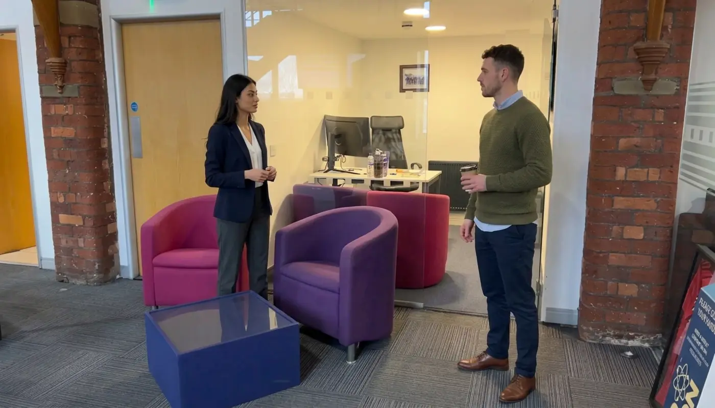 Two colleagues discuss website search strategy in an office while reviewing the next SEO planning steps.
