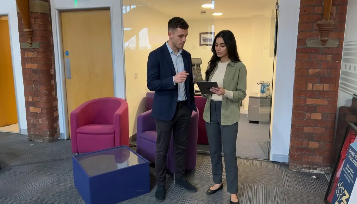 Two colleagues discuss an ecommerce shop setup process in a modern office.