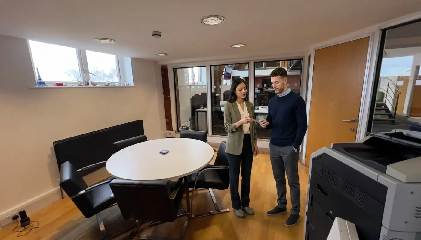 Two colleagues discuss TikTok Shop onboarding in an office while reviewing an unreadable phone.