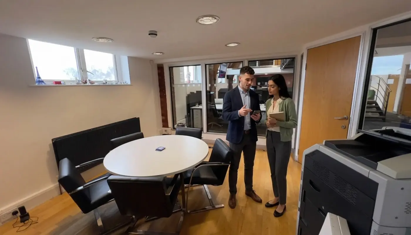 Two colleagues discuss an Instagram engagement workflow in a UK office while reviewing a phone together.