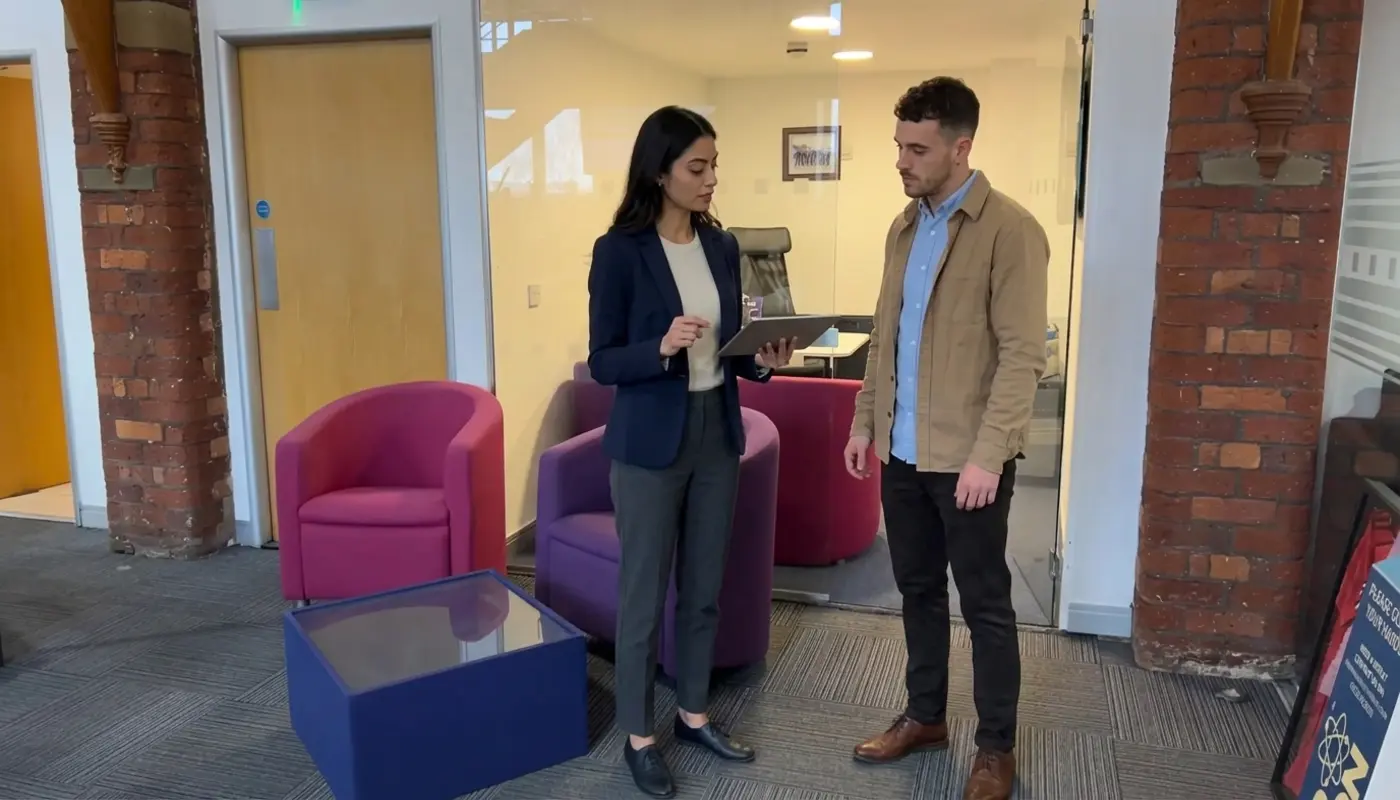 Two colleagues discuss an online purchase journey in a UK office while reviewing a tablet together.