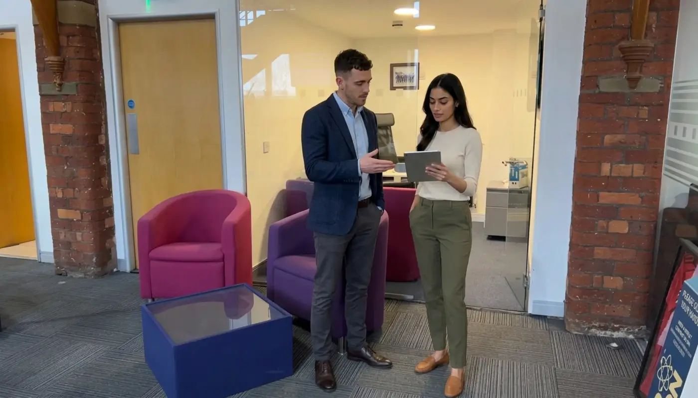 Two colleagues discuss an ecommerce launch plan inside a UK office while reviewing an unreadable tablet.