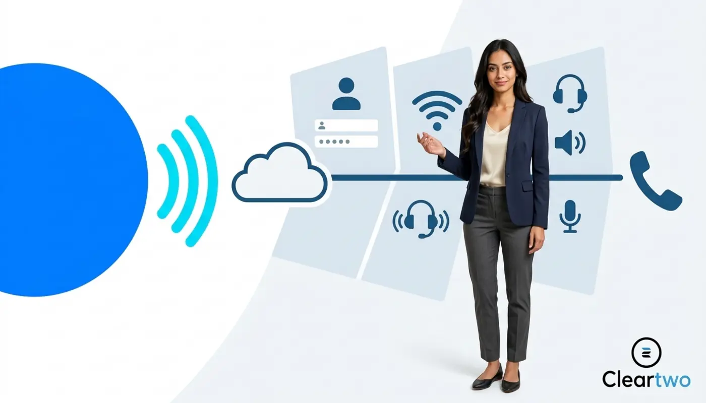 Sara introduces a simple VoIP phone setup against a bright business telecoms backdrop.