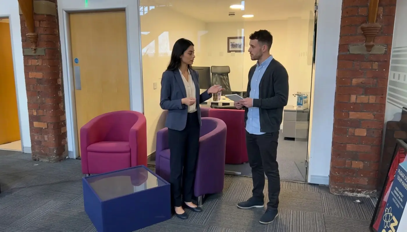 Two colleagues discuss website page planning in an office while reviewing notes together.