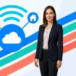 Jessica stands before bright VoIP graphics showing cloud calling benefits for UK businesses.