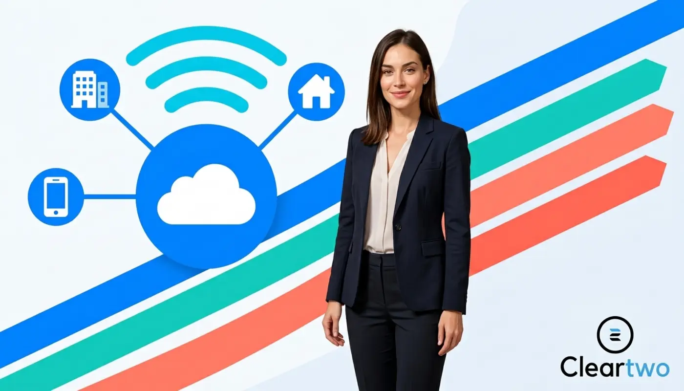 Jessica stands before bright VoIP graphics showing cloud calling benefits for UK businesses.