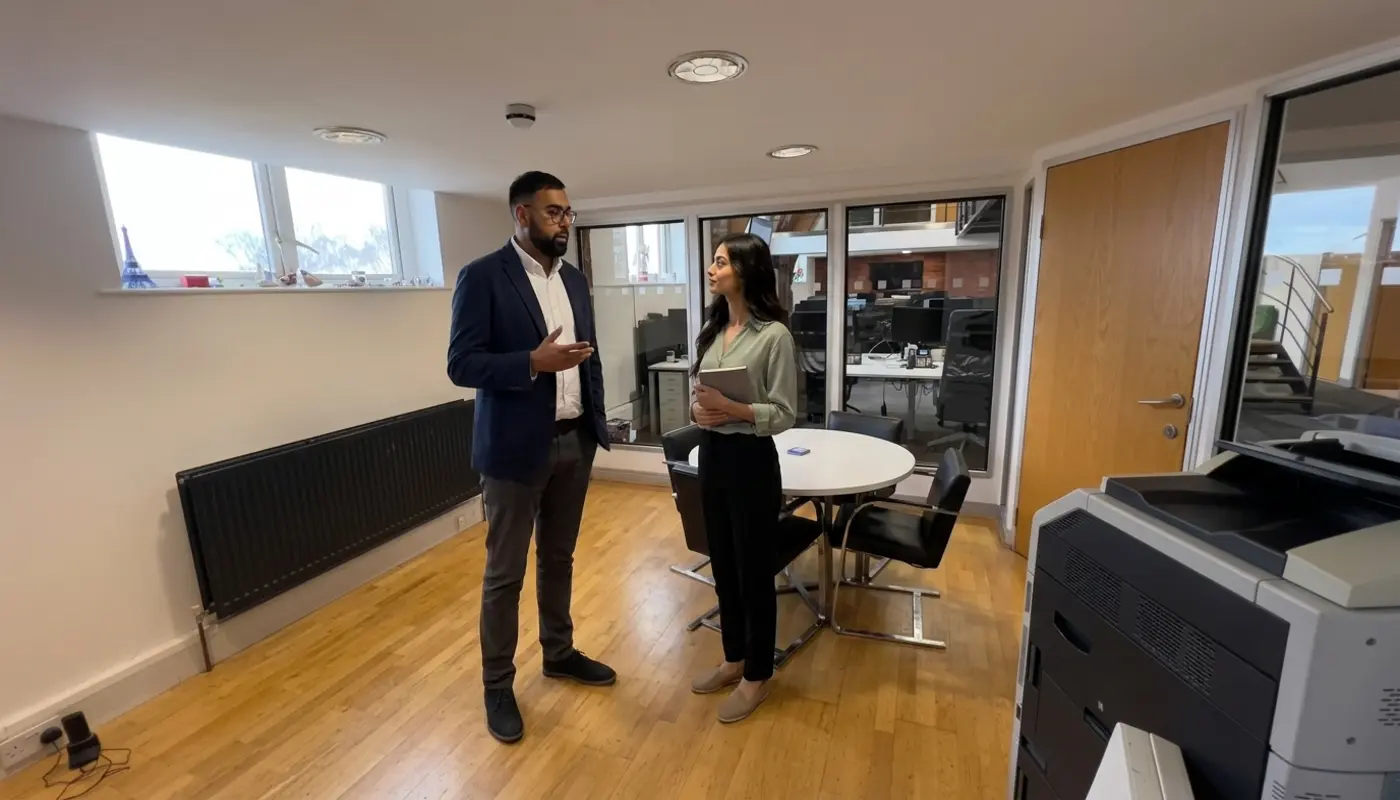 Two colleagues discuss a joined-up digital marketing plan in a modern office setting.