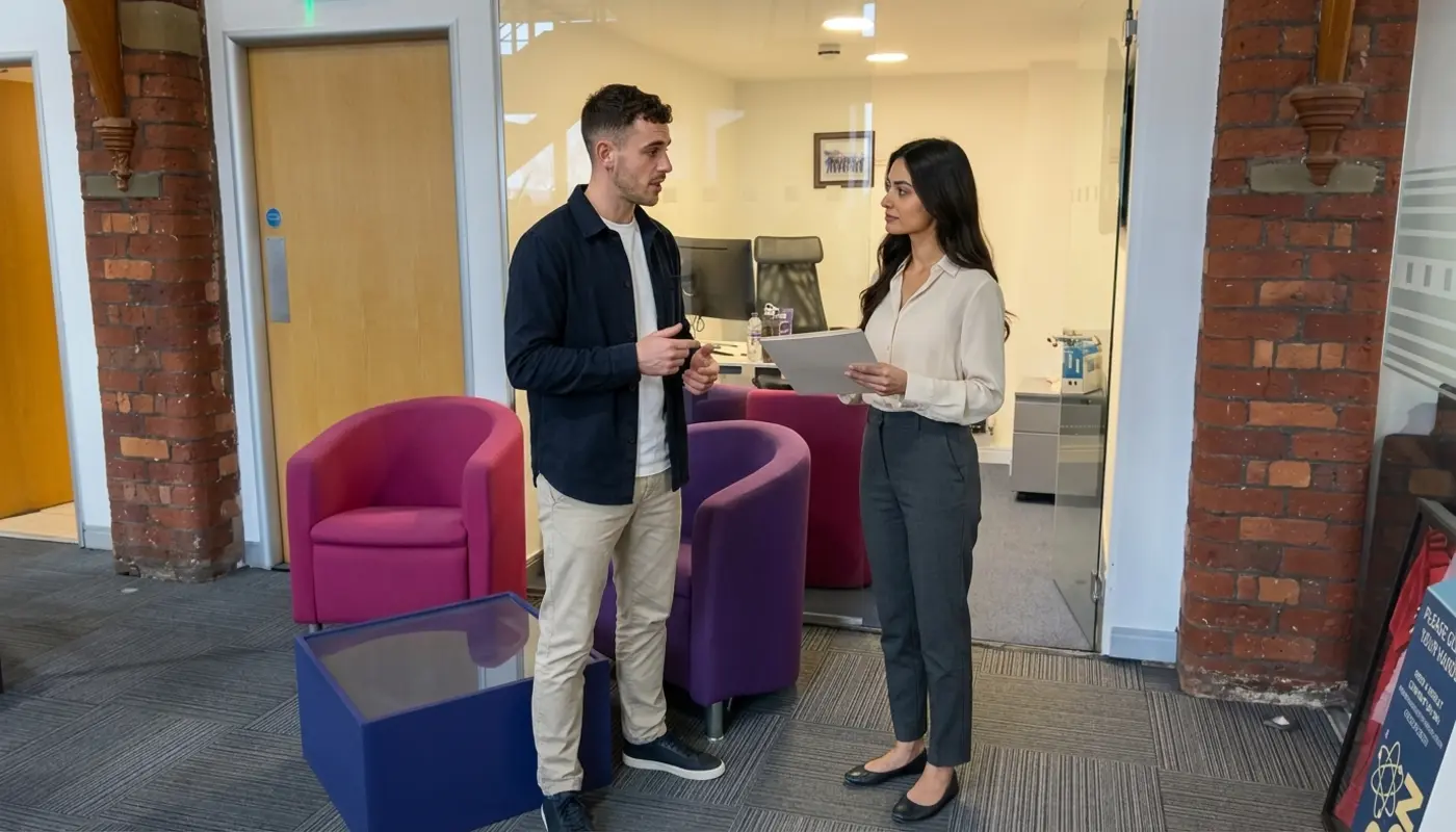 Two colleagues discuss seller setup documents in a UK office during TikTok Shop launch planning.