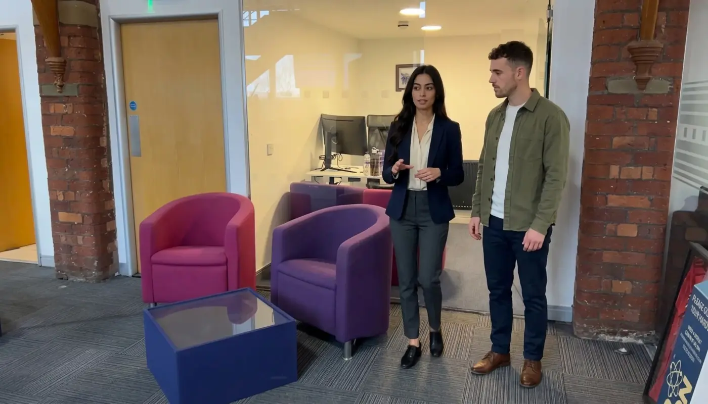 Two colleagues discuss brand content strategy while walking through a UK office.