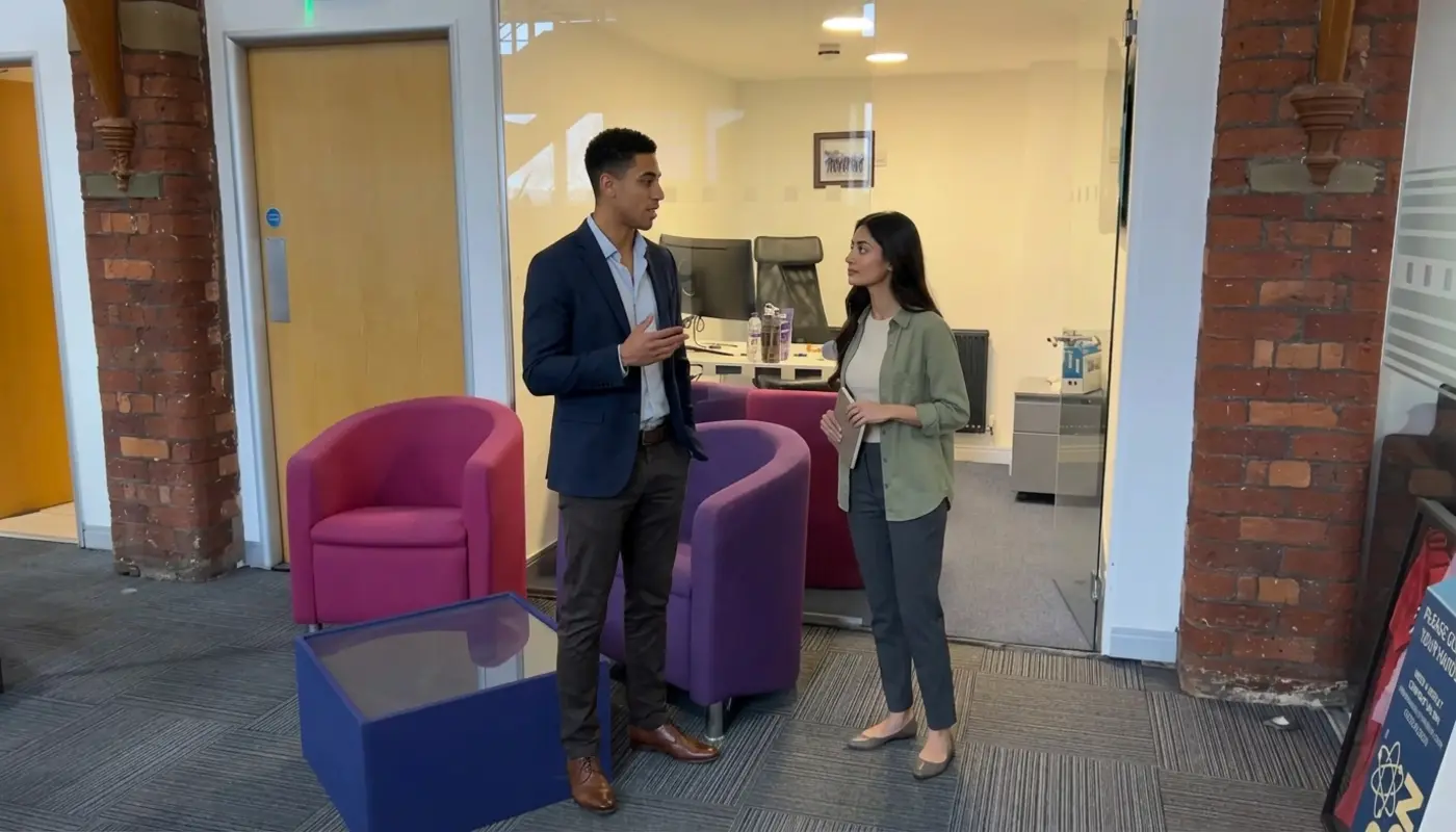 Two colleagues discuss an AI research workflow in a UK office while reviewing a shared work area.