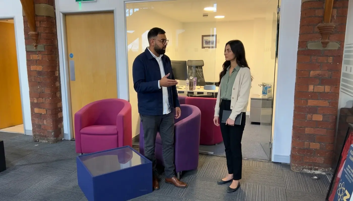 Two colleagues discuss a digital marketing workflow while standing in a UK office.