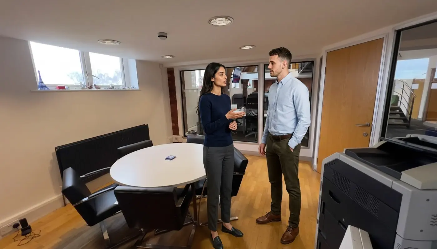 Two colleagues discuss a digital marketing plan while standing in a UK office workspace.