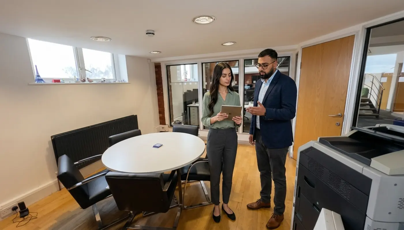 Two colleagues in a UK office review an unreadable tablet during a PPC campaign planning discussion.