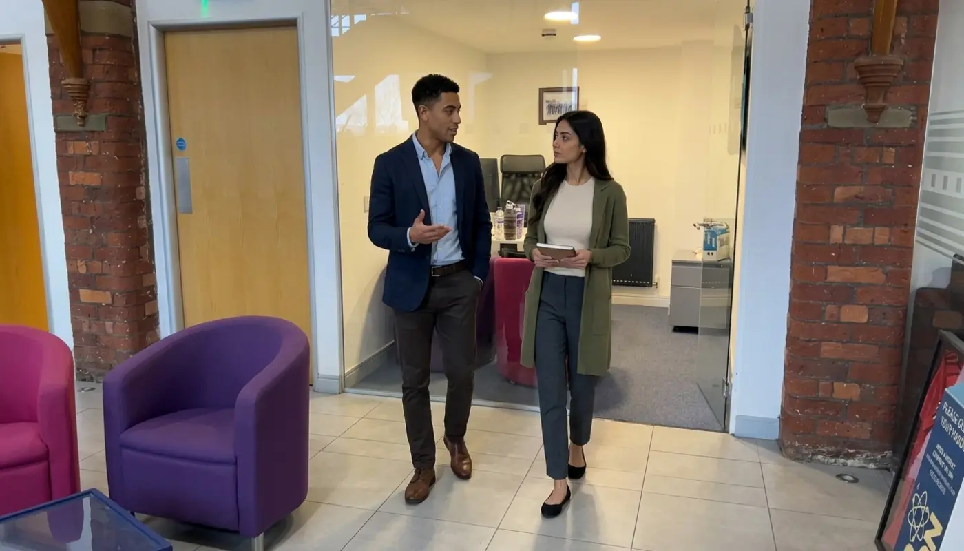 Two colleagues discuss search assistant visibility while walking through a UK office.