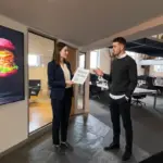 Two colleagues review an unreadable layout proof in an office while discussing typography hierarchy.