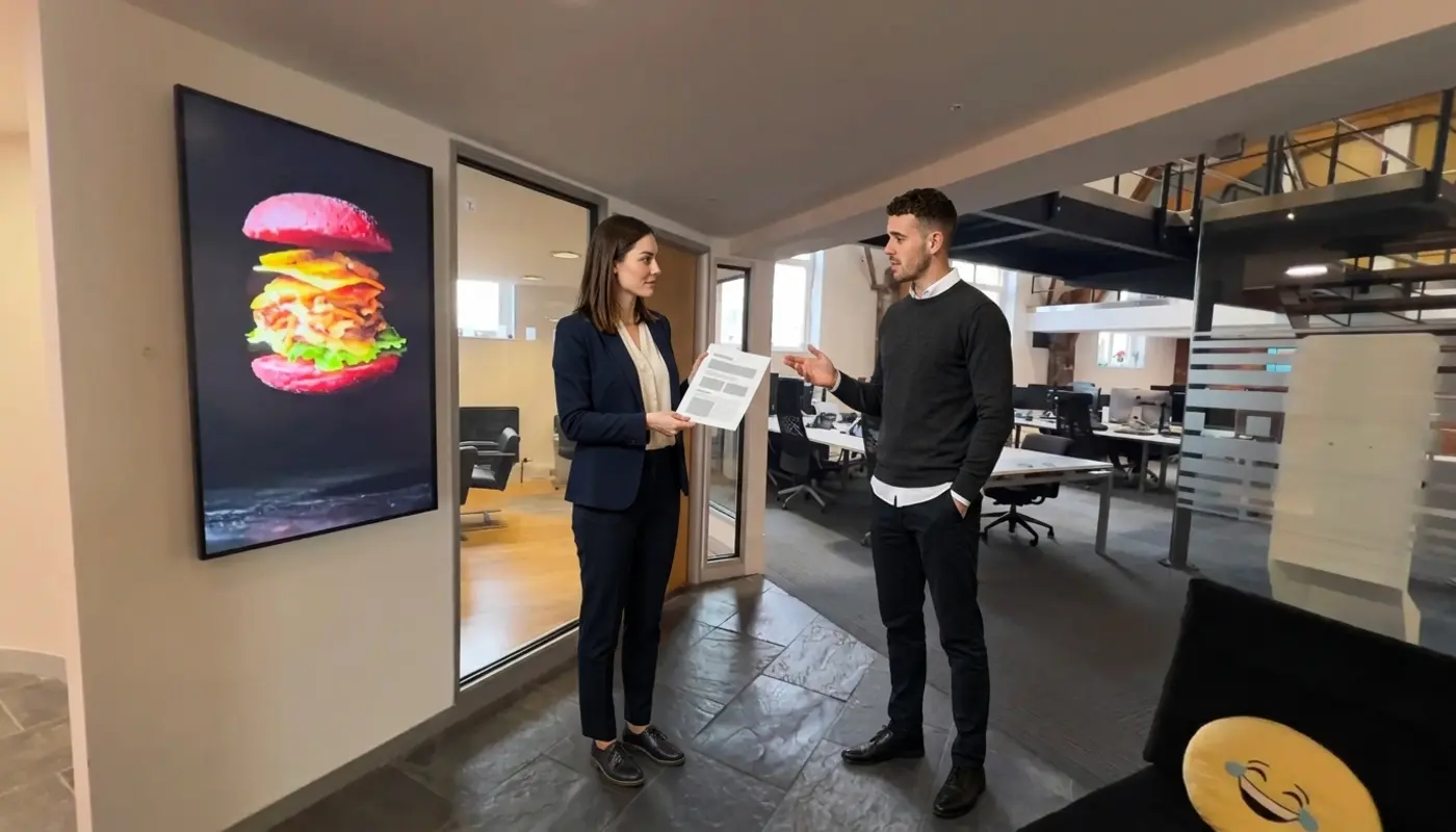 Two colleagues review an unreadable layout proof in an office while discussing typography hierarchy.
