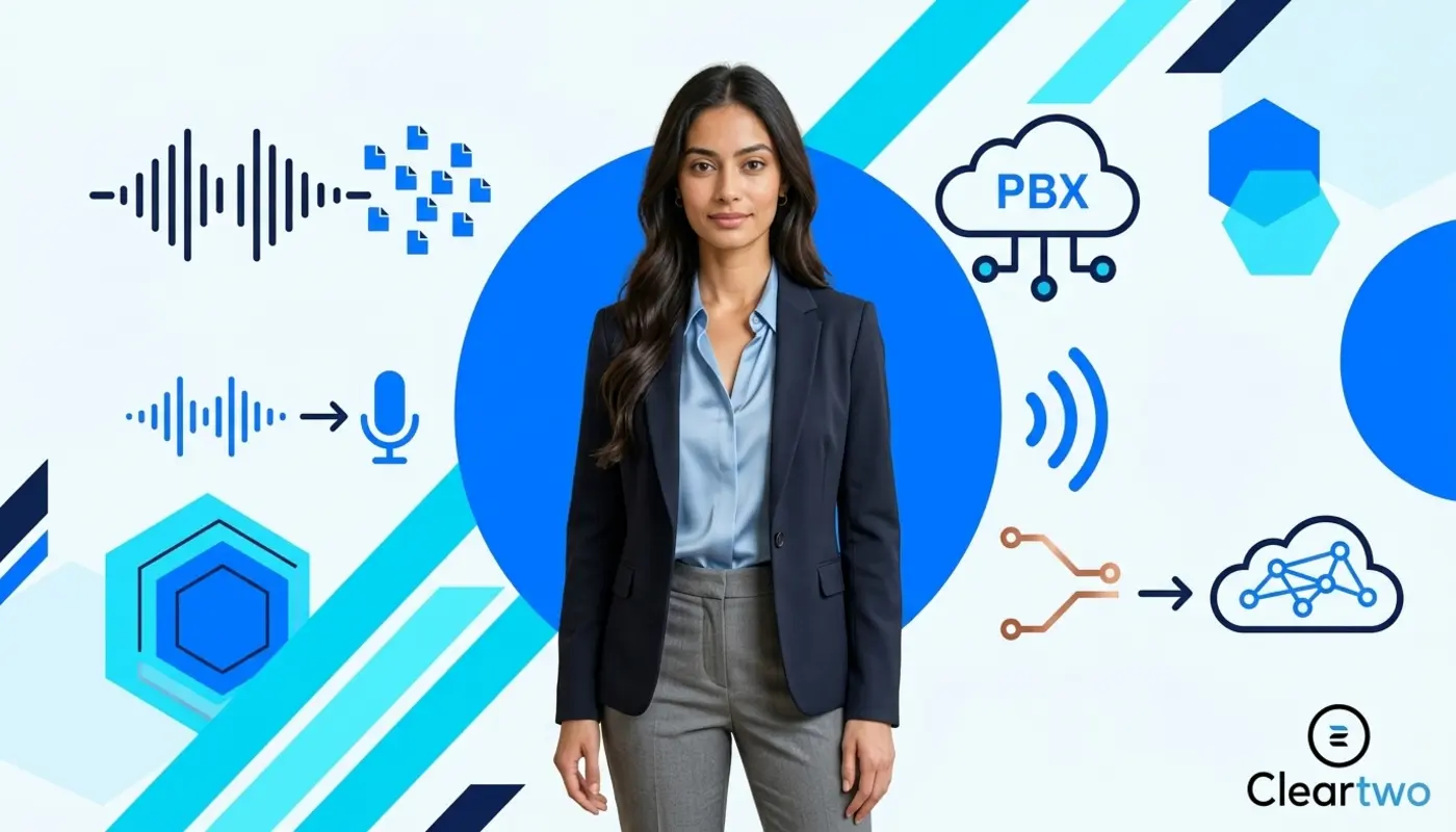 Sara standing before a bright VoIP network illustration for UK businesses.