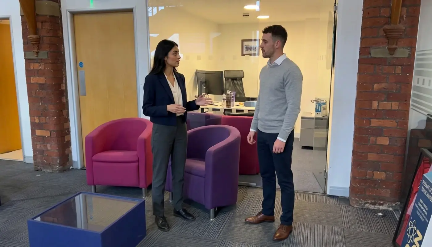 Two colleagues discuss a focused website strategy while standing in a modern office.
