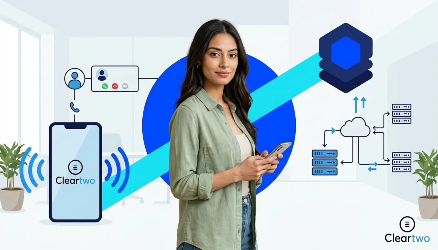 Business user with VoIP mobile graphics showing cloud calling and business caller ID.