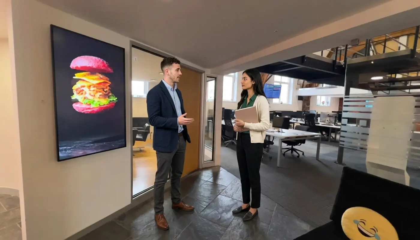 Two colleagues discuss SEO strategy in a UK office with a notebook during a practical planning session.