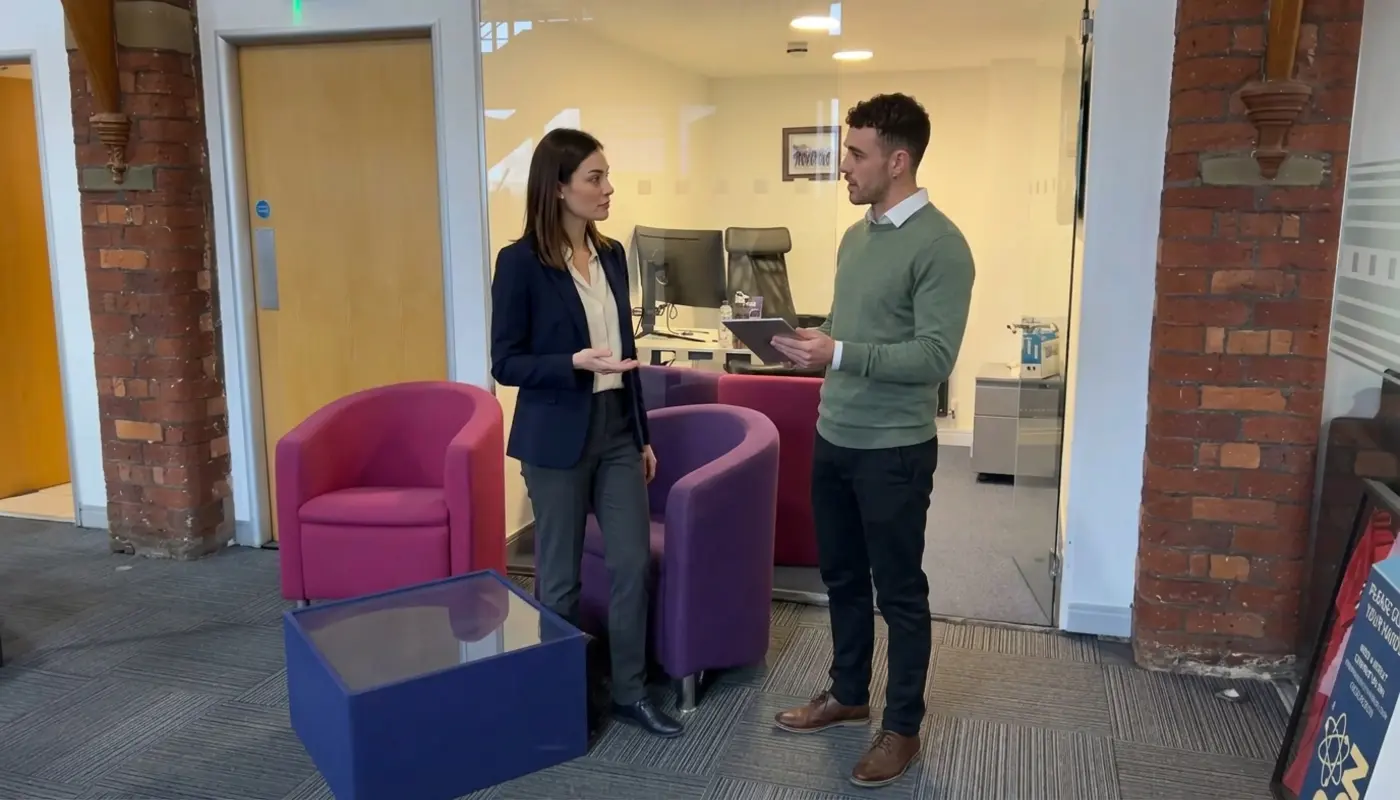 Two colleagues in an office review a usability prototype during a focused design discussion.
