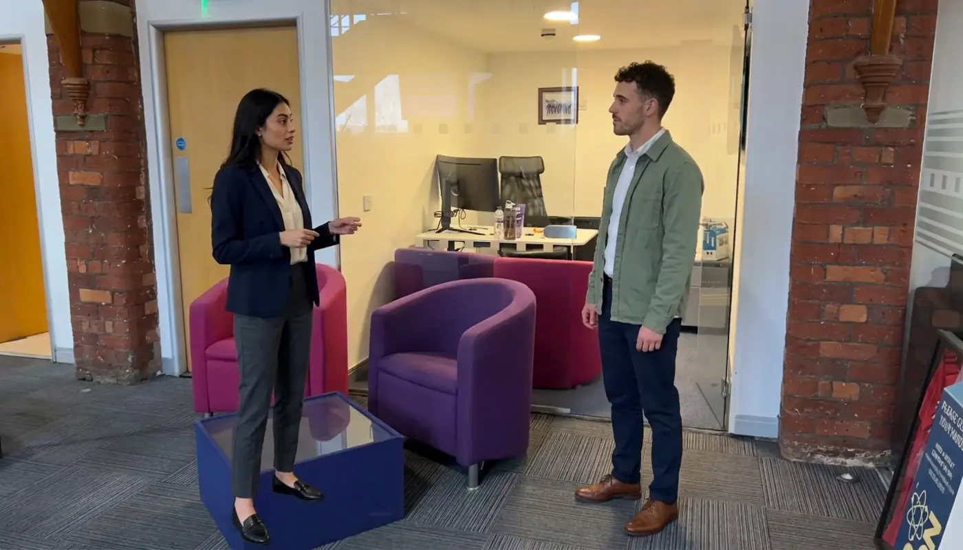 Two colleagues discuss a social media growth plan while standing in a UK office.