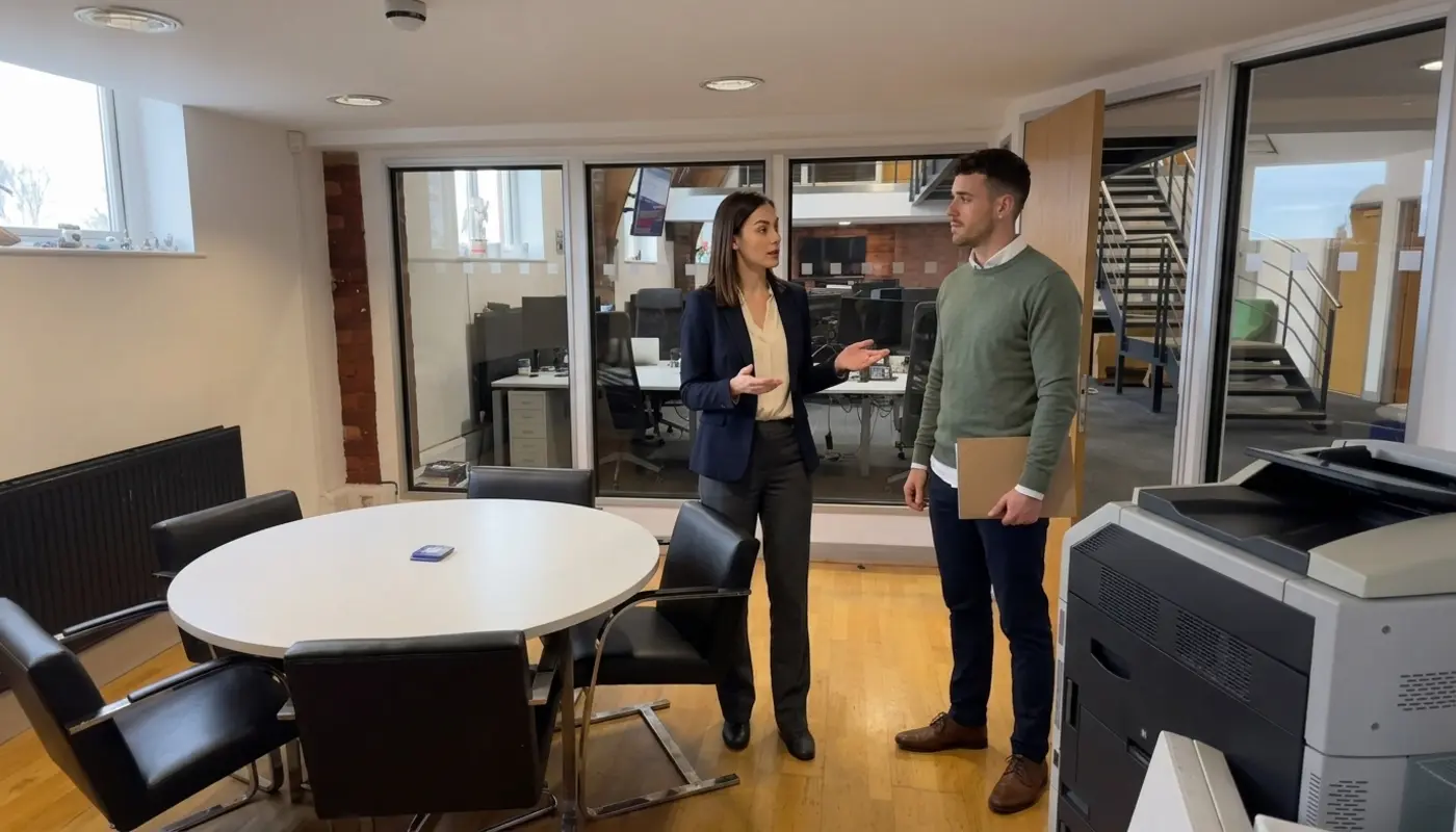 Two colleagues discuss logo consistency in an office during a visual identity walkthrough.