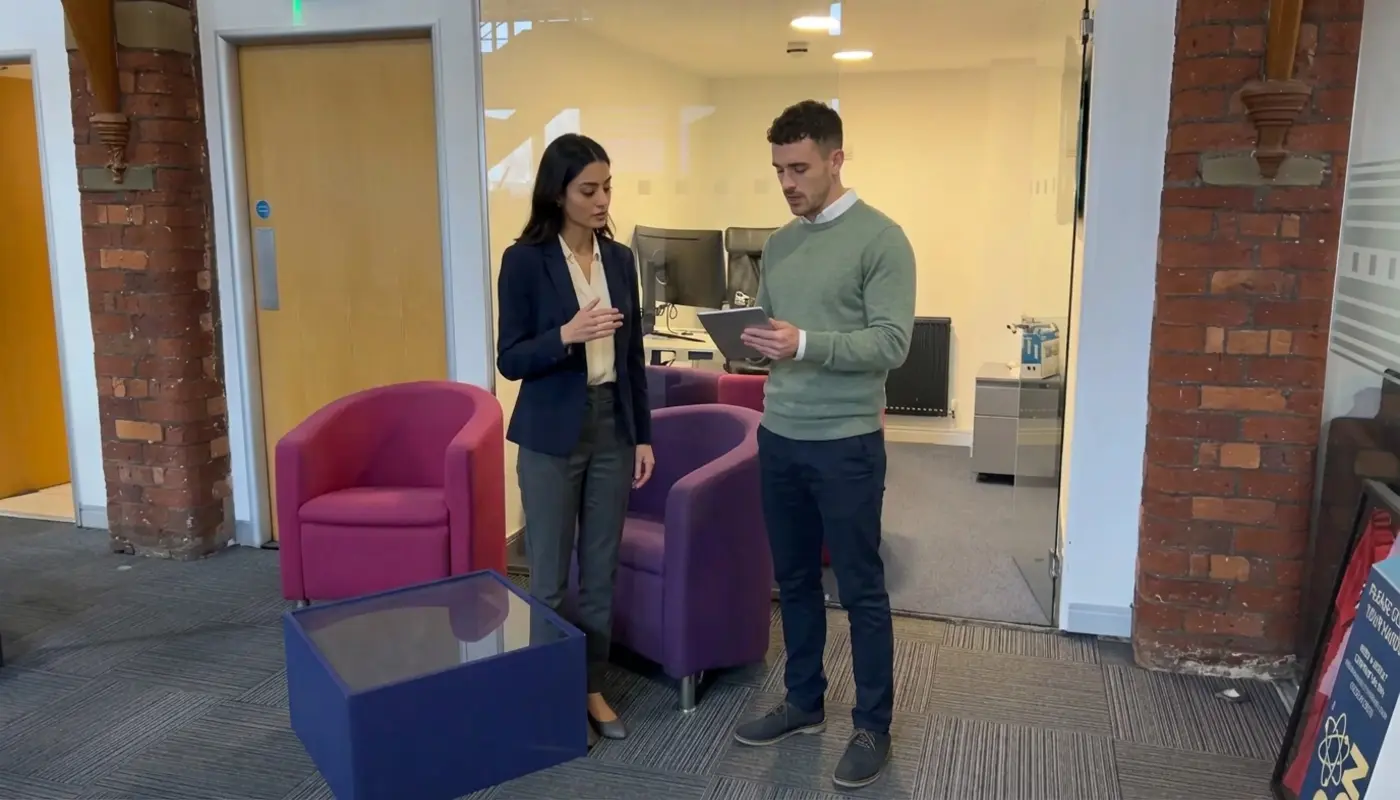 Two colleagues review an unreadable tablet during an SEO content audit in a modern office setting.