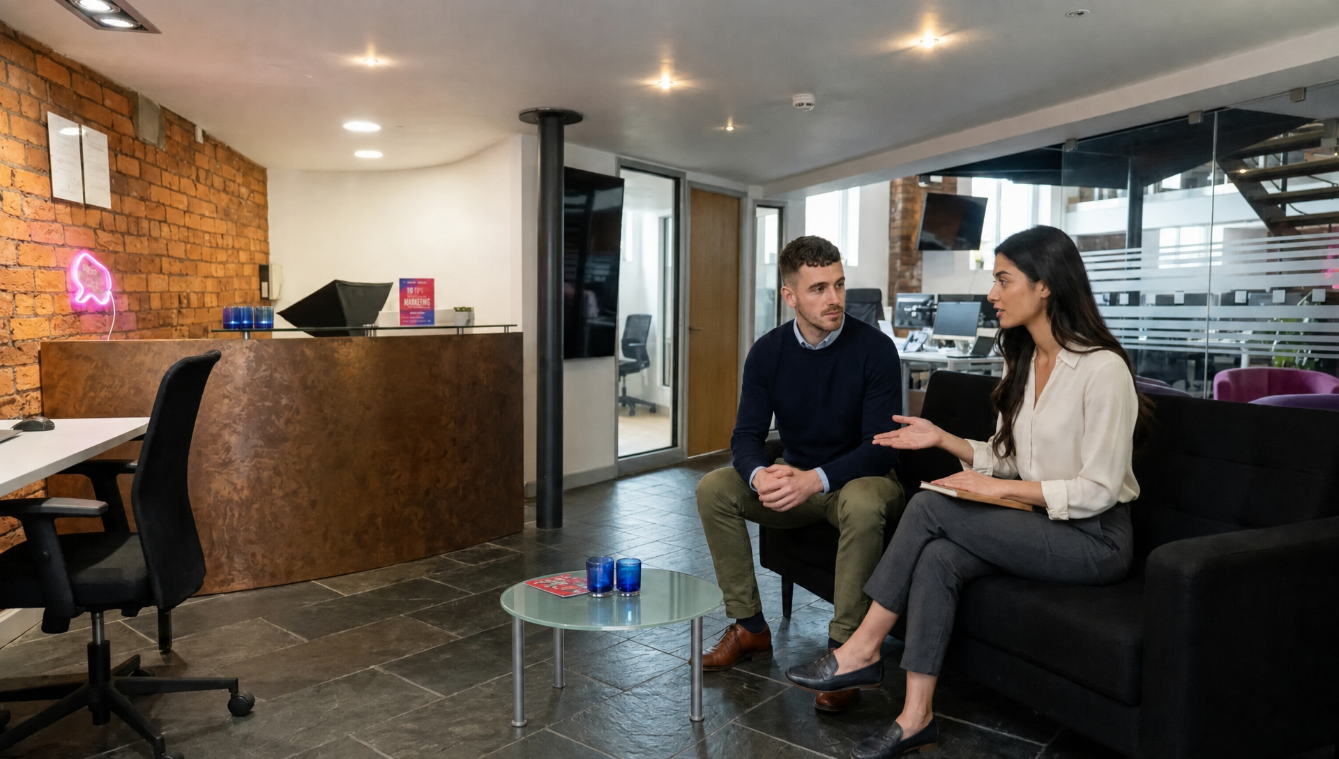 Two colleagues consult on SEO planning in a modern office, seated on a sofa and discussing notes.