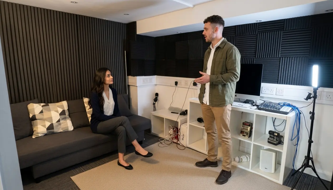 Two colleagues discuss recruitment CRM planning in a small office consultation setting.