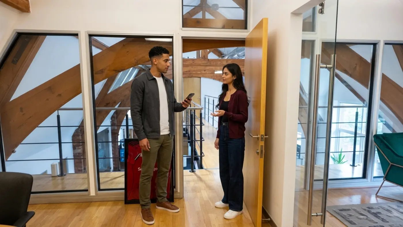 Two colleagues in a modern office compare a phone while discussing TikTok search privacy